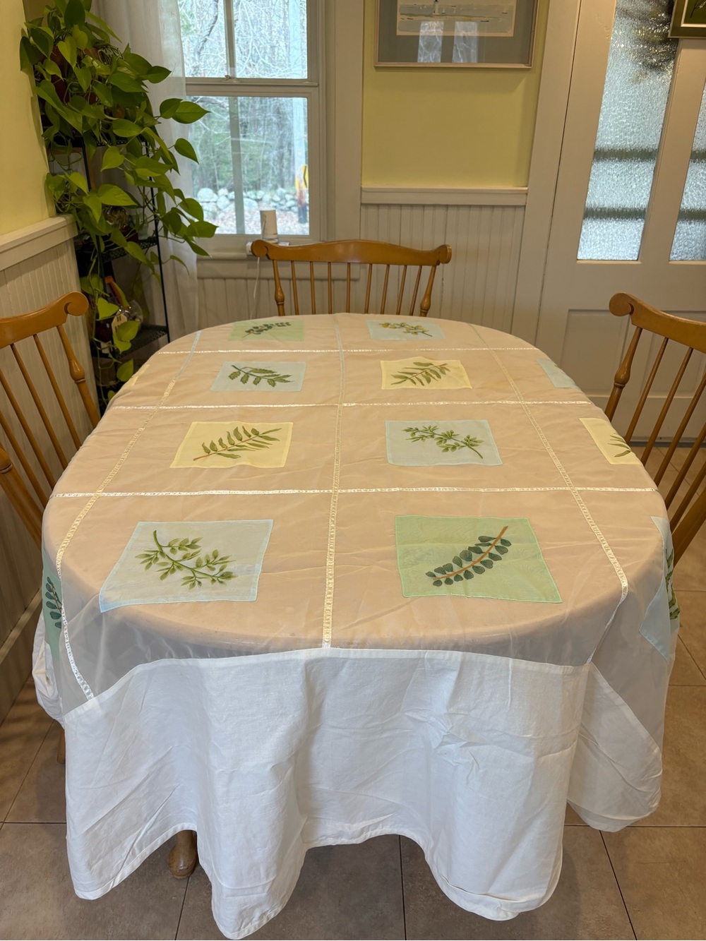 Botanical Patchwork Tablecloth in Cream  and Green  Muslin and Sheer